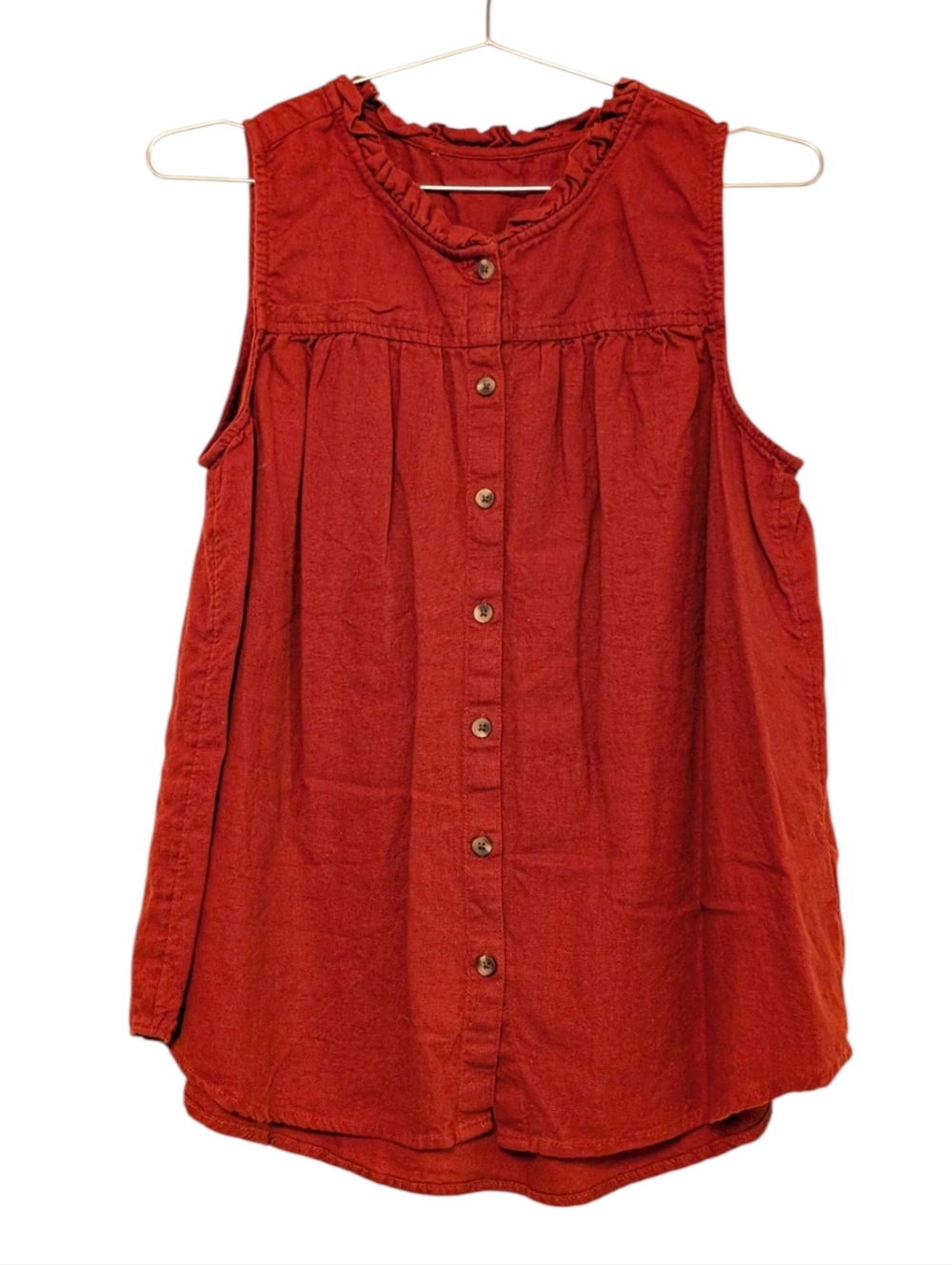 Sleeveless Ruffle-Trim Button Front Top